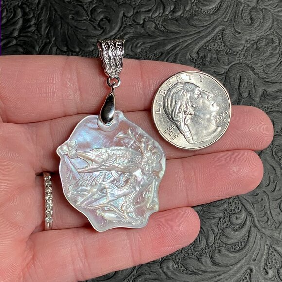 Barracuda Fish Carved Mother of Pearl White Jade Pendant - Picture 5 of 7